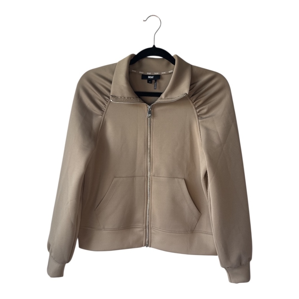 DKNY Jacket Womens XS Beige Full Zip Puff Sleeve Athleisure Activewear